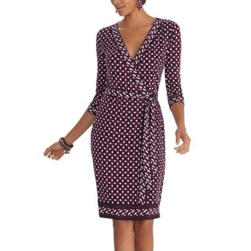 WHBM Wrap Dress W Belt 2 Extra Small 3/4 Long Sleeve Washable Purple Black Ivory